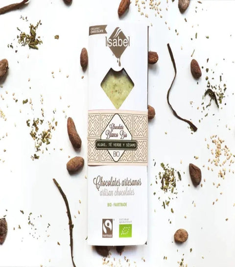 Chocolat blanc aux algues, thé verd et sésame BIO 80 gr. - Cuisine d'espagne