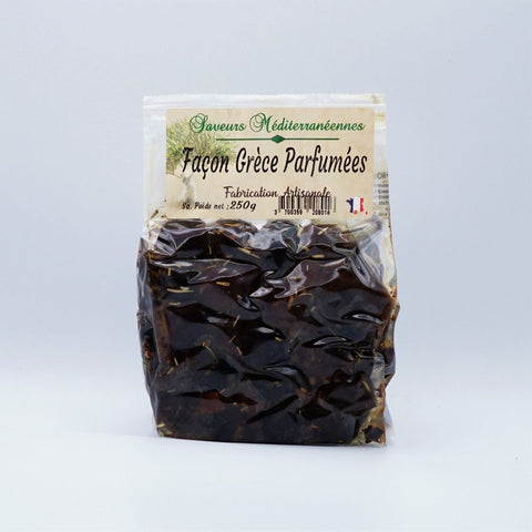 Black olives, Greek style, perfumed, in a 175g bag.