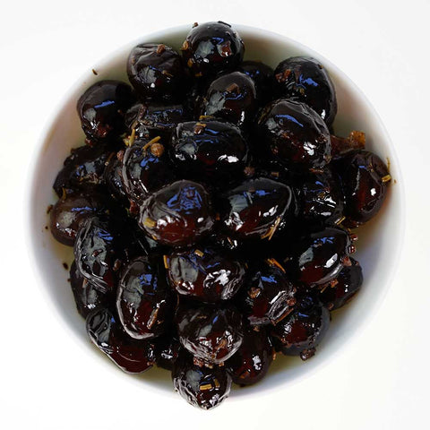 Black olives, Greek style, perfumed, in a 175g bag.